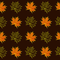 orange and yellowmaple leaves seamless pattern on a brown background