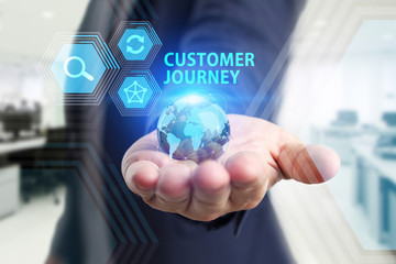 The concept of business, technology, the Internet and the network. A young entrepreneur working on a virtual screen of the future and sees the inscription: Customer journey