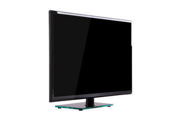 modern thin plasma LCD TV on a black glass stand isolated on a white background