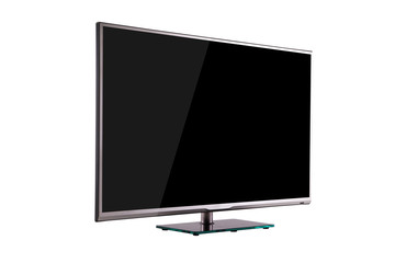 modern thin plasma LCD TV on a silver black glass stand isolated on a white background