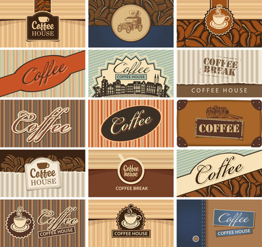 Vector set of business cards on the theme of coffee house with inscription coffee and different vintage images in retro style