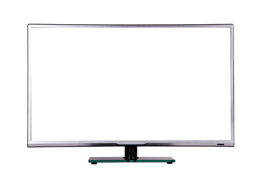 modern thin plasma LCD TV on a silver black glass stand isolated on a white background