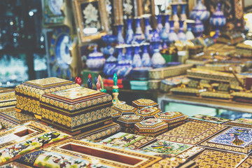 Traditional iranian market (Bazaar) metal souvenires.