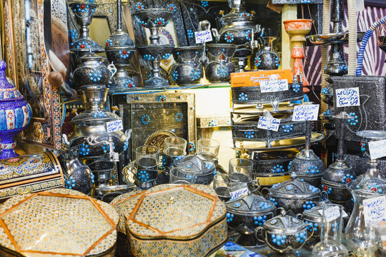 Traditional iranian market (Bazaar) metal souvenires.