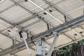 back side view photovoltaics solar panels in solar power station  alternative energy from the sun