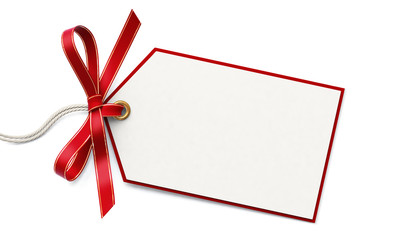 Blank gift tag and red ribbon bow with gold border