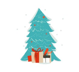 Fototapeta premium Hand drawn vector abstract fun Merry Christmas time cartoon illustration icon with decorated Christmas tree and surprise gift boxes isolated on white background
