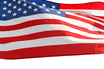 Waving star and stripes American flag on white background