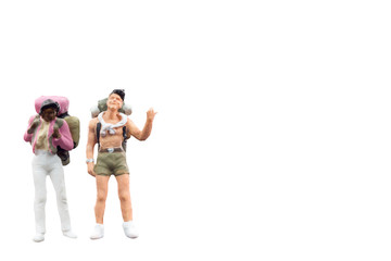 Fototapeta premium Miniature Backpacker , Tourist people isolated on white background with clipping path