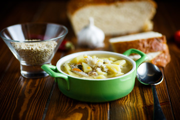 chicken soup with pearl barley in a bowl