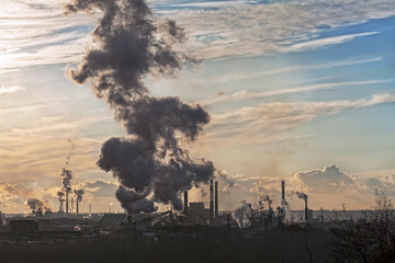  pipes of a large plant smoke in the sky
