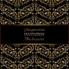 Abstract background with antique, luxury black and gold vintage frame, victorian banner, damask floral wallpaper ornaments, invitation card, baroque style booklet, fashion pattern, template for design