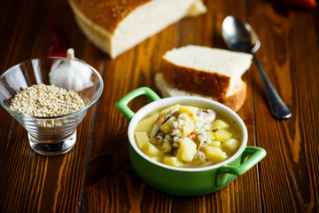 chicken soup with pearl barley in a bowl