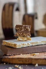 Various types of turrons,nougat, chocolate, nuts and soft nougat.