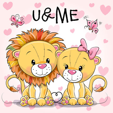 Two cute Lions on a hearts background