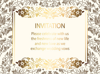 Intricate baroque luxury wedding invitation card, rich gold decor on beige background with frame and place for text, lacy foliage with shiny gradient
