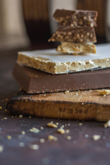 Various types of turrons,nougat, chocolate, nuts and soft nougat.