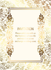 Intricate baroque luxury wedding invitation card, rich gold decor on beige background with frame and place for text, lacy foliage with shiny gradient
