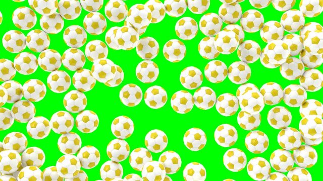 Animated a lot of simple soccer balls with plain white and yellow material falling and tumbling filling up container against green background. Top view shot.