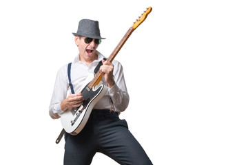 Man mit Hut und Sonnenbrille spielt elektrische Gitarre