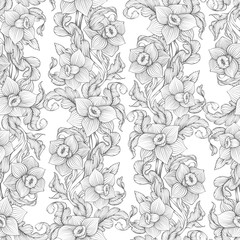 Daffodils narcissus dense outline sketch drawing floral seamless pattern. Spring flowers black and white foliage vector illustration.