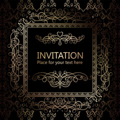Abstract background with calligraphic luxury gold flourishes and vintage frame, victorian banner,wallpaper ornaments, invitation card, baroque style booklet, fashion pattern, template for design.