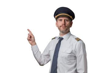 Pilot mit Mütze und goldenen Streifen Fingerzeig in die Luft
