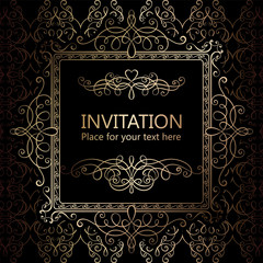 Abstract background with calligraphic luxury gold flourishes and vintage frame, victorian banner,wallpaper ornaments, invitation card, baroque style booklet, fashion pattern, template for design.