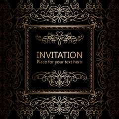 Abstract background with calligraphic luxury gold flourishes and vintage frame, victorian banner,wallpaper ornaments, invitation card, baroque style booklet, fashion pattern, template for design.