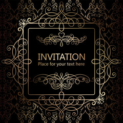 Abstract background with calligraphic luxury gold flourishes and vintage frame, victorian banner,wallpaper ornaments, invitation card, baroque style booklet, fashion pattern, template for design.