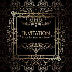 Abstract background with calligraphic luxury gold flourishes and vintage frame, victorian banner,wallpaper ornaments, invitation card, baroque style booklet, fashion pattern, template for design.
