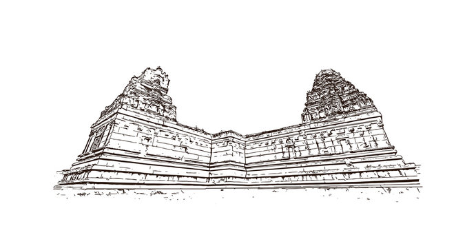 Sketch of Hazara Rama Temple in Hampi Karnataka, India in vector illustration.