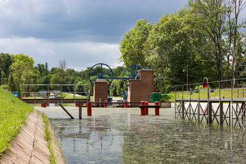 The Inclined Planes and carriage in Buczyniec, Buchwalde, Elblag Canal, ships transported over hills, the exceptional solution in entire world. Unesco memorial to world culture. Oberlandkanal, Poland.