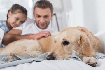 Father and daughter looking at dog