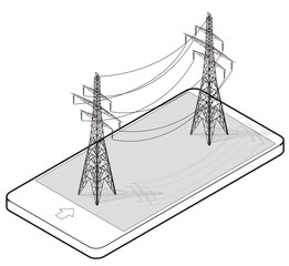 Vector high voltage pylons in mobile phone, isometric perspective. Wire metal pole voltage, isolated background. Outlined power line pylons communication technology. Power plant equipment illustration