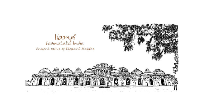 Sketch of Indo-Islamic style structure used as the stables for the royal elephants of the Vijayanagara Empire Hampi, Karnataka, India in vector illustration.