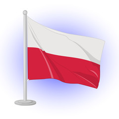 Flag of Poland flapping on the wind. Icon for your design isolated on blue background in cartoon style for Independence Day. Vector illustration. Holiday Collection.
