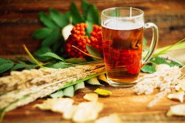 Autumn background with a Cup of tea with yellow leaves and warm knitted scarf on the old boards on the window background with copy space. The layout offers and seasonal holiday card.