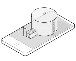 Wire drain silo isometric building in mobile phone, isometric. Outlined seed elevator agriculture, farming, husbandry in communication technology. Isolated vector illustration, white background.
