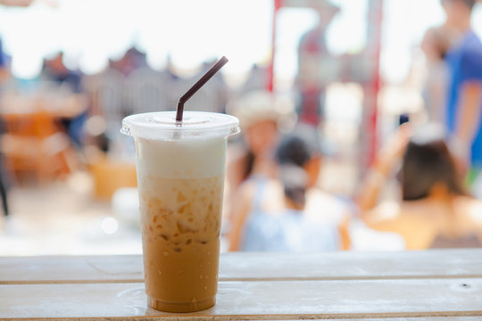 Iced coffee on a wooden table