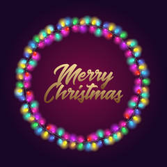 Merry Christmas Poster with garlands. Greeting card with golden text and lights.