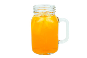 Orange soda, orange juice in mug, glass isolated on white background