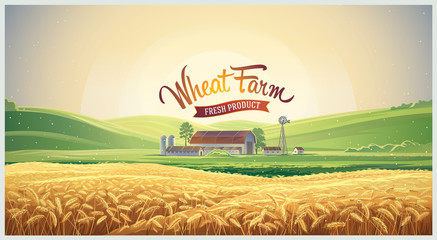 Summer rural landscape with wheat field and farm © Rustic