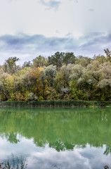 Fototapeta na wymiar Beautiful autumn forest at the rivers coast. Ukraine