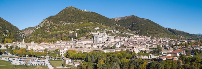 Obraz premium Gubbio, one of the most beautiful small town in Italy. Drone aerial view of the village