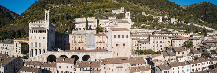 Fototapeta premium Gubbio, one of the most beautiful small town in Italy. Drone aerial view of the village