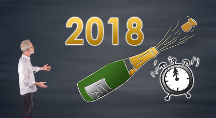 Businessman presenting new year 2018 on a wall screen