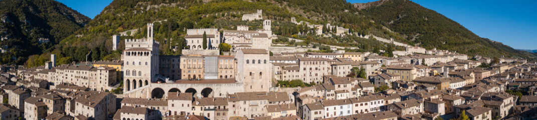 Obraz premium Gubbio, one of the most beautiful small town in Italy. Drone aerial view of the village