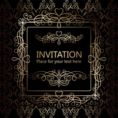 Abstract background with calligraphic luxury gold flourishes and vintage frame, victorian banner,wallpaper ornaments, invitation card, baroque style booklet, fashion pattern, template for design.