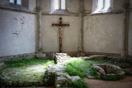 Cross in chancel - church San Giovanni di Duino, or San Givanni in Tuba - at the resurgence of the Timavo river, remains of a palaeo-Christian basilica. Trieste region, Italy